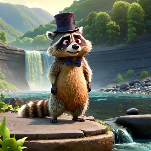 Prompt: giant racoon wearing a top hat standing next to river