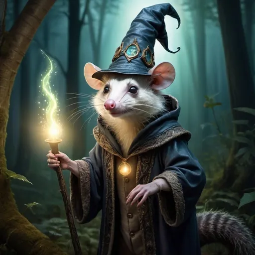 Prompt: Opossum wizard wearing a tall, pointed hat, magical forest setting, whimsical illustration, detailed fur with mystical glow, enchanting and curious gaze, high-quality, fantasy, mystical, detailed fur, wizard hat, magical forest, whimsical, enchanting gaze, mystical glow, professional, atmospheric lighting