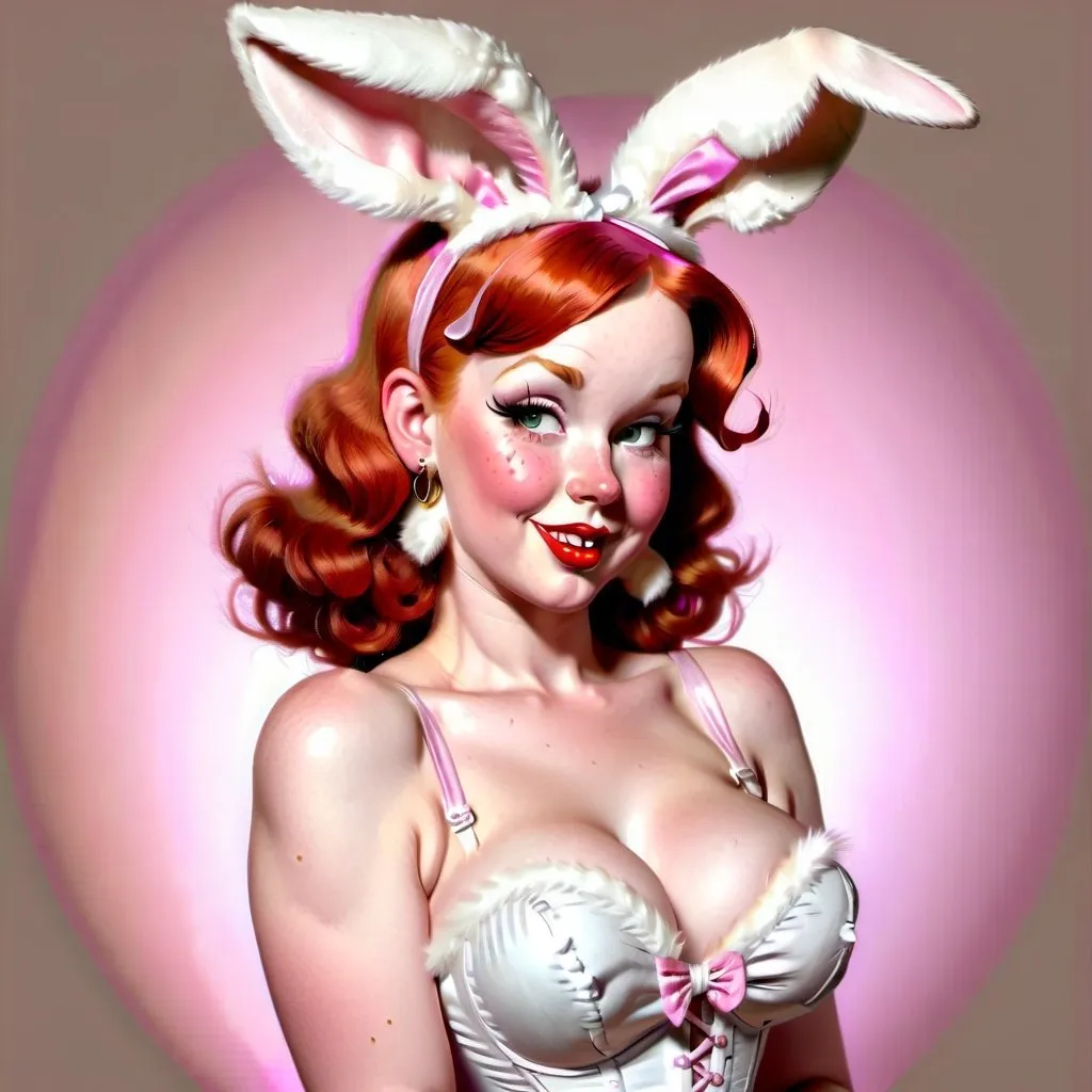 Prompt: Chubby redhead burlesque woman with rabbit ears and white bunny tail, pink corset, vintage pin-up style, soft and warm lighting, high quality, digital art, detailed facial features, playful expression, retro, vintage, burlesque, warm tones, soft lighting, pin-up