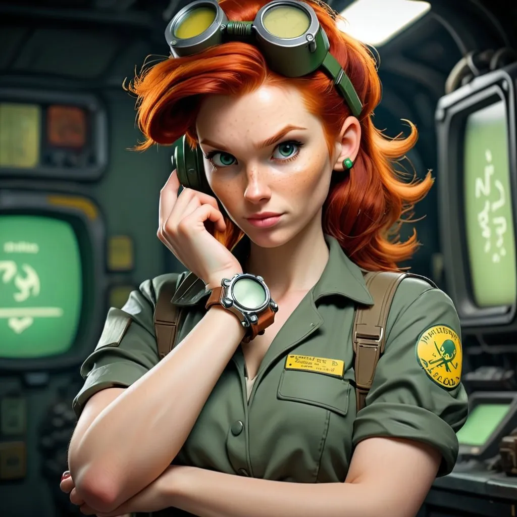 Prompt: redhead women wearing PIP Boy on her wrist