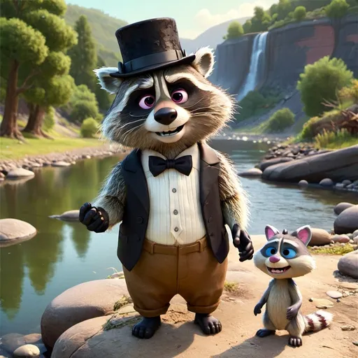 Prompt: giant racoon wearing a top hat playing with plastic doll head standing next to river