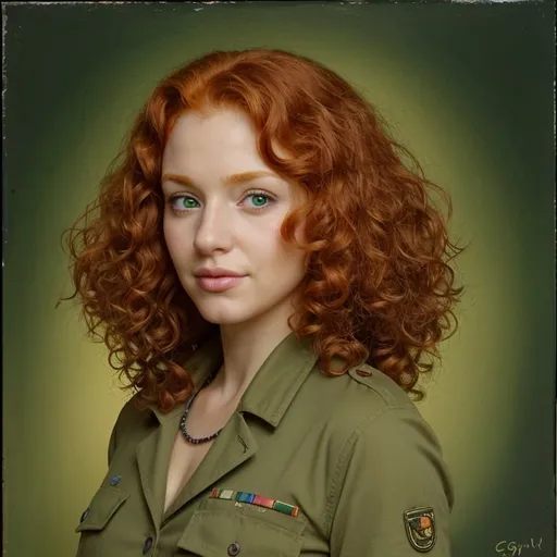 Prompt: Curly redhead wearing green beret, oil painting, detailed curls, vibrant colors, high quality, realistic, playful, warm tones, natural lighting