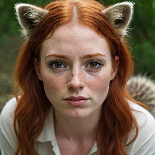 Prompt: racoon woman redhead freckles