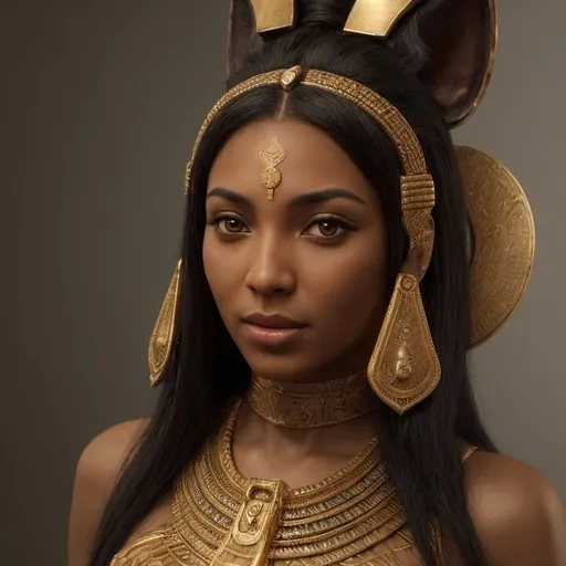 Prompt: Black-skinned woman with Bastet headpiece, ancient Egyptian aesthetic, gold and ebony materials, regal and confident expression, detailed facial features, high quality, realistic rendering, ancient Egypt, Bastet goddess, gold and ebony, regal expression, detailed features, realistic, confident, majestic lighting