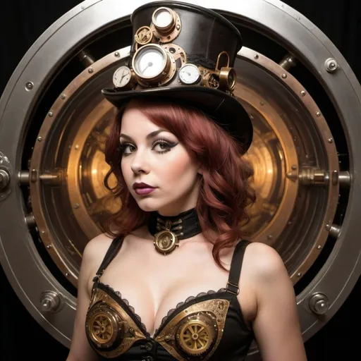 Prompt: burlesque girl in steampunk cat scan