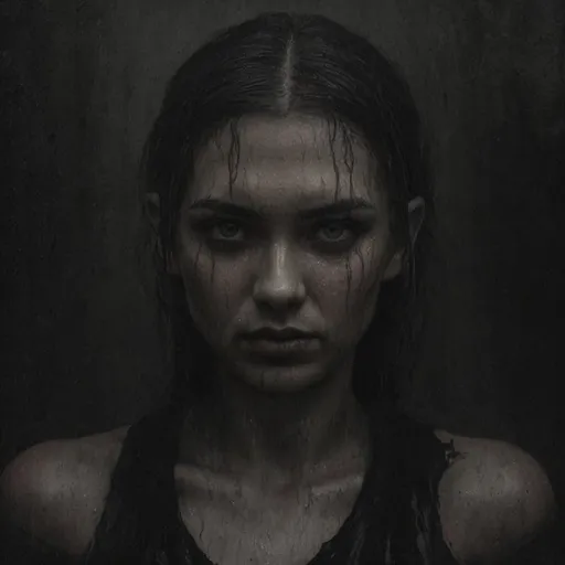 Prompt: Wet and sweaty Vulcan Girls , oil painting, dark and moody atmosphere, intense and sultry expressions, high texture, gothic, dramatic lighting, dark tones, intense gaze, atmospheric, high quality, oil painting, goth, moody, dramatic lighting, intense expressions, wet look, sweaty, textured