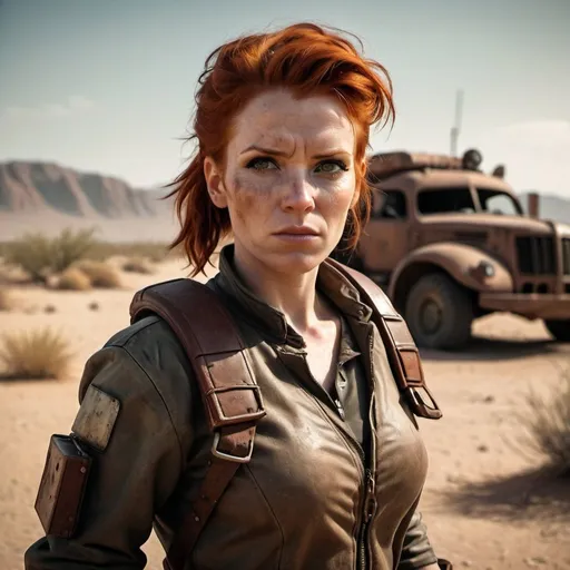 Prompt: Redhead woman from Vault 33 wearing a PIP Boy, post-apocalyptic setting, dusty desert landscape, rugged leather clothing, intense and determined expression, high quality, realistic, post-apocalyptic, redhead, PIP Boy, dusty, desert landscape, rugged, intense expression, determined, leather clothing, professional, atmospheric lighting