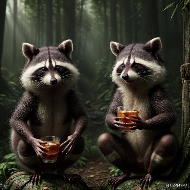 Prompt: Raccoons and possums drinking Russian vodka, realistic digital art, forest setting, lush greenery, mischievous expressions, detailed fur textures, high quality, realistic, playful, cool lighting, natural colors, detailed eyes, professional, atmospheric lighting