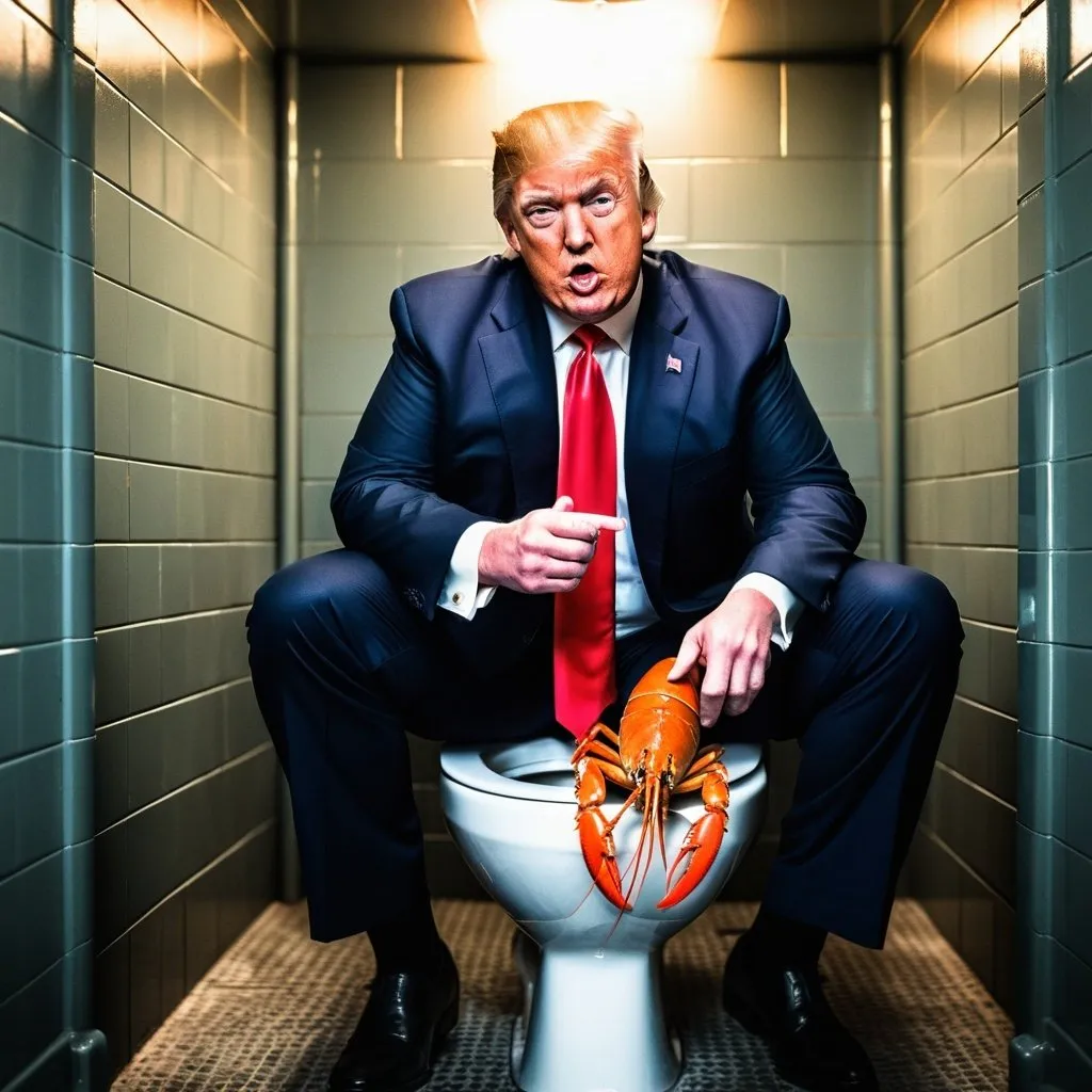 Prompt: Donald J Trump in a prison cell, surrounded by Secret Service, sitting on a toilet, eating a lobster, high quality, realistic, satirical, dramatic lighting, orange and muted tones, detailed facial expressions, detailed prison cell environment, political satire, intense atmosphere, detailed characters, dramatic composition