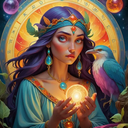 Prompt: Tarot card illustration of mystical fortune telling, vibrant colors, intricate details, magical realism, high quality, digital painting, mythical creatures, enchanting atmosphere, ethereal lighting, rich symbolism, surreal fantasy, mystical, vibrant colors, detailed artwork