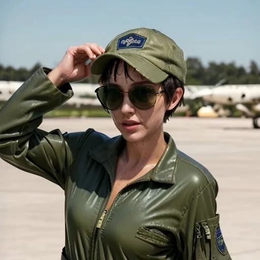 Prompt: Sopping Wet, sweaty, Short haired brunette wearing olive drab Navy Flight Suit and Sunglasses and green ball cap