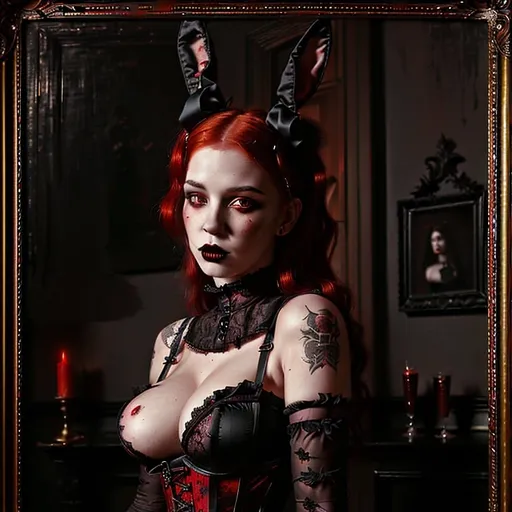 Prompt: Buxom goth girl with bunny ears, fiery red hair, intricate black lace corset, Victorian-inspired, intense gaze, dark lipstick, moody atmosphere, high contrast, detailed eyes, oil painting, gothic, high quality, dramatic lighting, rich color tones