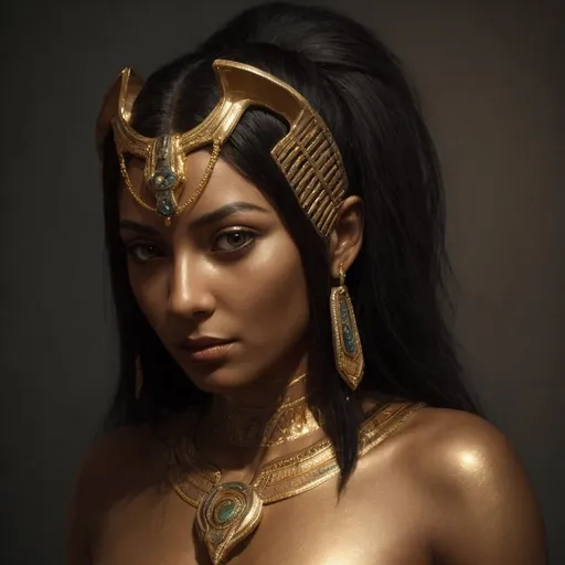 Prompt: obsidian-skinned woman with Bastet head, Egyptian goddess-inspired, detailed facial features, gold and black color tones, ancient Egyptian jewelry, regal and powerful posture, high quality, digital painting, majestic, mysterious lighting