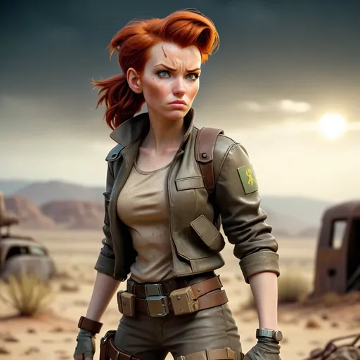 Prompt: Redhead woman from Vault 33 wearing a PIP Boy, post-apocalyptic setting, dusty desert landscape, rugged leather clothing, intense and determined expression, high quality, realistic, post-apocalyptic, redhead, PIP Boy, dusty, desert landscape, rugged, intense expression, determined, leather clothing, professional, atmospheric lighting