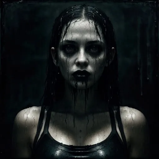 Prompt: Wet and sweaty goth girls, oil painting, dark and moody atmosphere, intense and sultry expressions, high texture, gothic, dramatic lighting, dark tones, intense gaze, atmospheric, high quality, oil painting, goth, moody, dramatic lighting, intense expressions, wet look, sweaty, textured