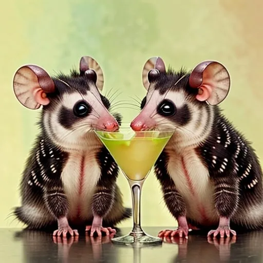 Prompt: Opossums sipping martinis