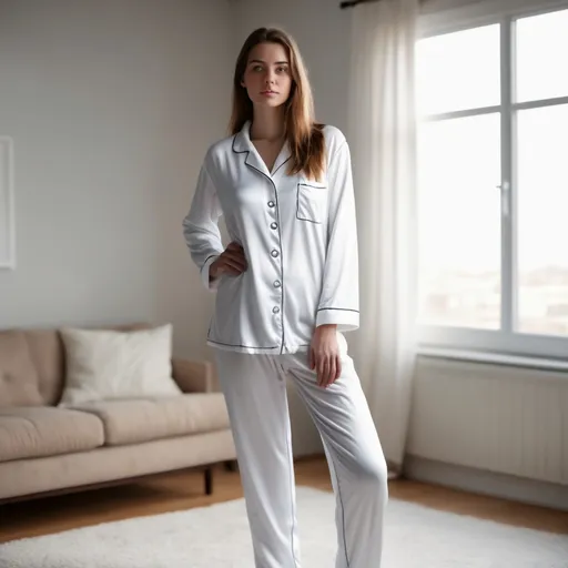 Prompt: Tall young woman standing indoors, white polyester pajamas, realistic, natural light