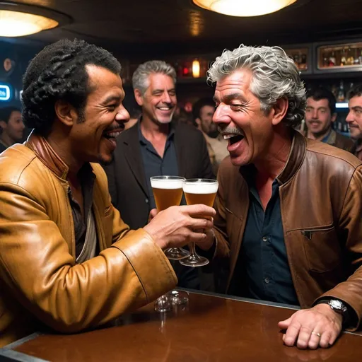 Prompt: Lando Calrisian from Star Wars and Anthony Bourdain having a drinking contest in a Cloud City bar laughing hysterically