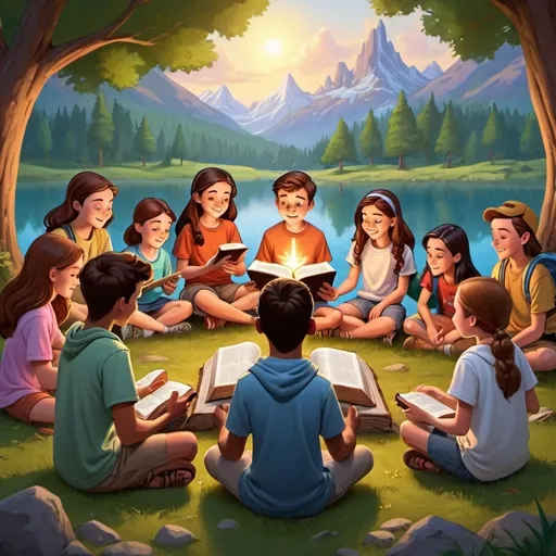 Prompt: Disney cartoon many teenagers and children camping doing spiritual open bible with Lord Jesus formation activity combined with outdoor.