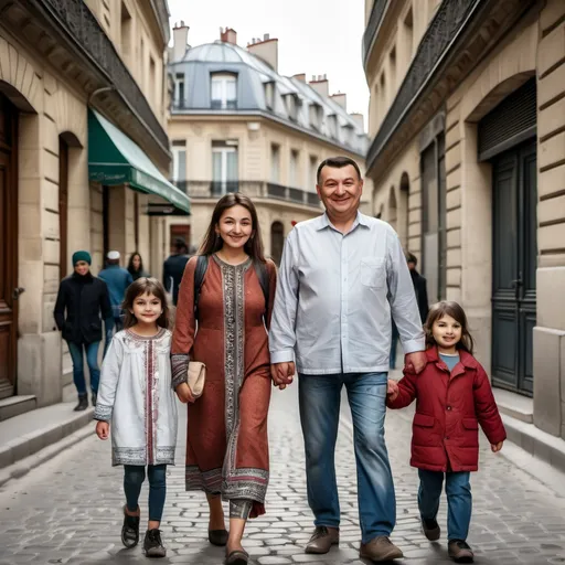 Prompt: Uzbek family on the background of Paris , smiling walking along the alley