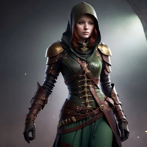 Prompt: A petite red headed woman in green leather assassins armor that is simple, modest and form-fitting and features a lot of gold buckles and buttons and a high collar