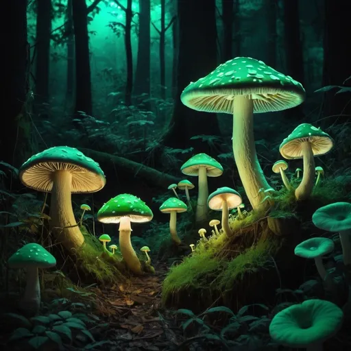 Prompt: glowing in green in a dark mushroom forest with cameleons sitting under mushrooms