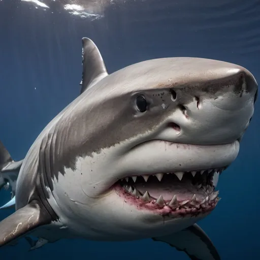 Prompt: white shark showing big en face with many scars on a skin