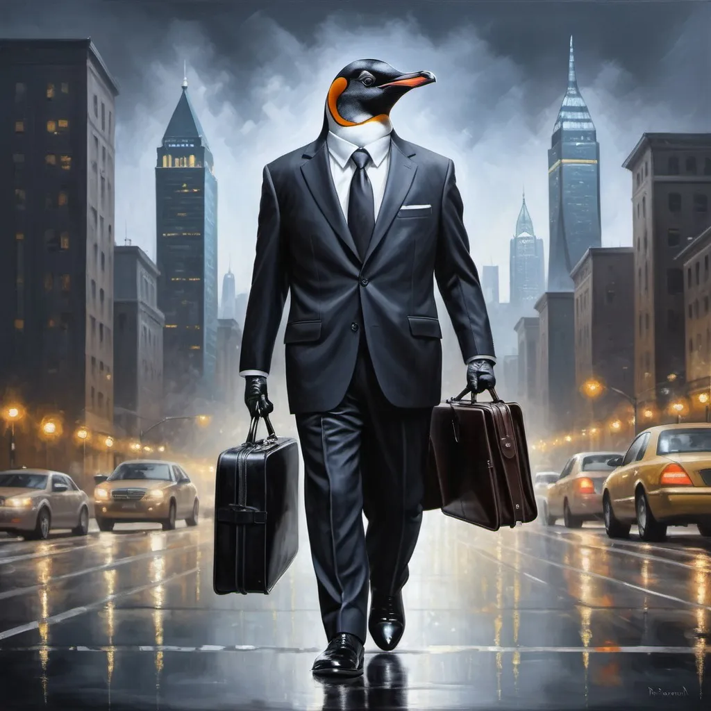 Prompt: Penguin businessman in a formal suit, realistic oil painting, city skyline in the background, polished black shoes, sophisticated demeanor, briefcase, high-quality, realistic, business attire, professional, city lights, atmospheric lighting