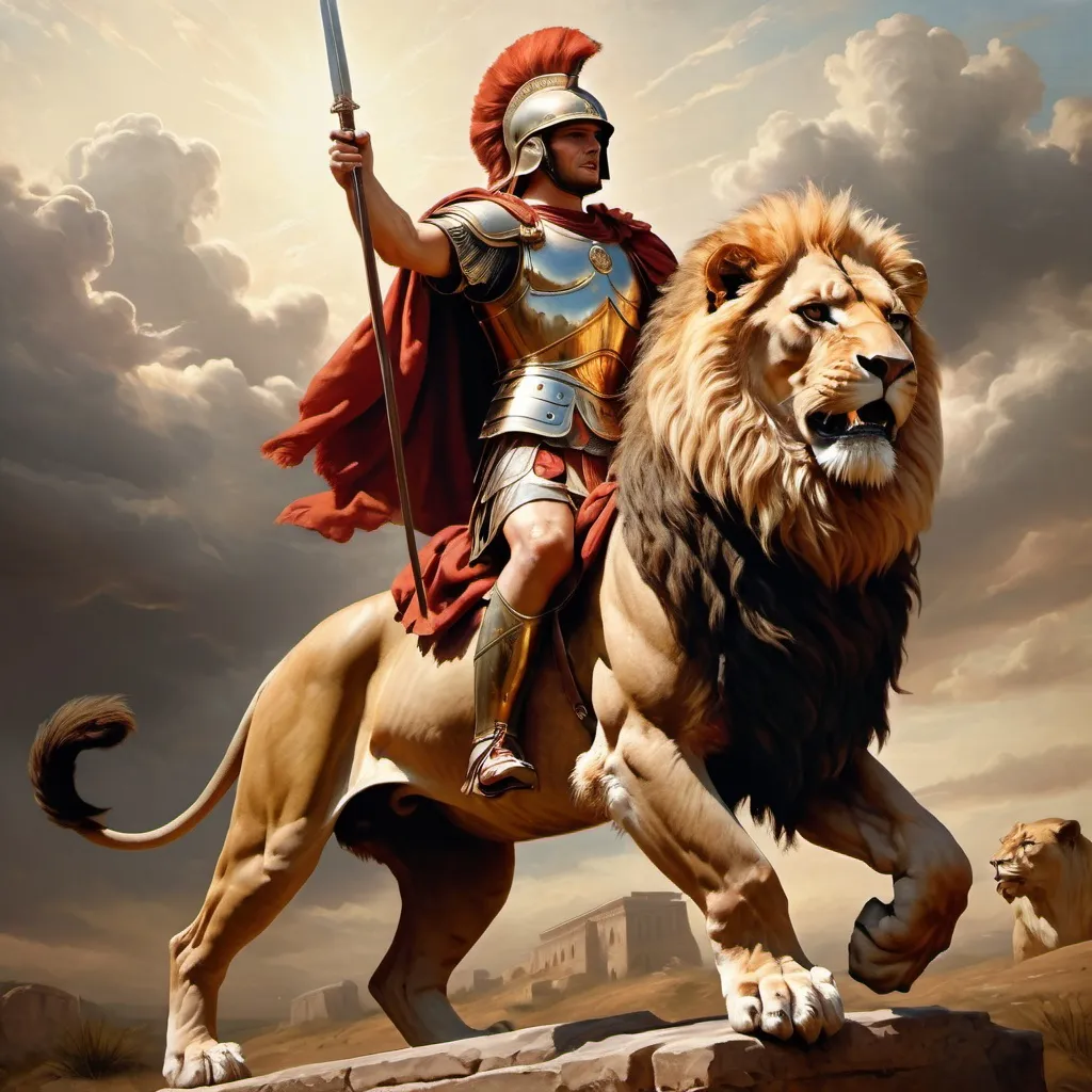 Prompt: Roman soldier riding a lion, oil painting, detailed armor and weaponry, majestic and powerful, high quality, realistic, warm tones, dramatic lighting