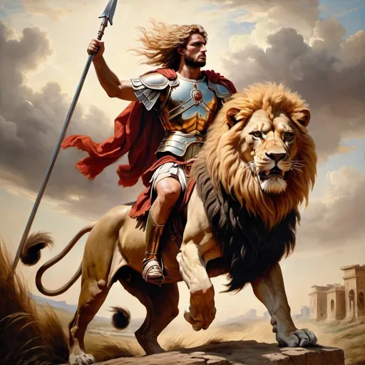 Prompt: Roman soldier riding a lion, oil painting, ancient Roman armor, majestic lion with regal mane, epic battle scene, high quality, realistic, historical, warm tones, dramatic lighting, traditional art style, detailed armor, fierce expression, powerful lion, historical, oil painting, regal, dramatic lighting