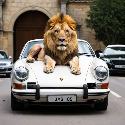 Prompt: lion on a porsche