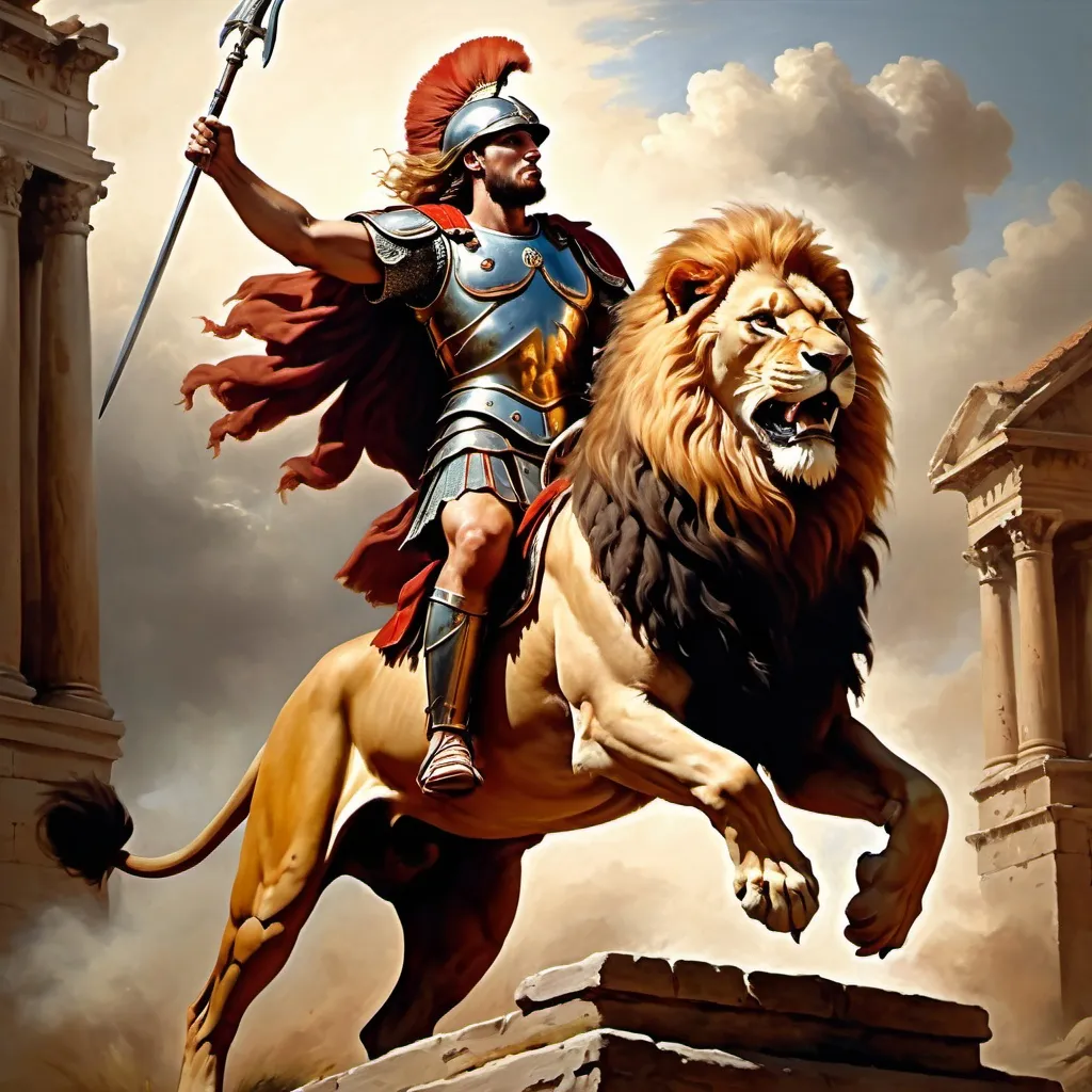 Prompt: Roman soldier riding a lion, oil painting, ancient Roman armor, majestic lion with regal mane, epic battle scene, high quality, realistic, historical, warm tones, dramatic lighting, traditional art style, detailed armor, fierce expression, powerful lion, historical, oil painting, regal, dramatic lighting