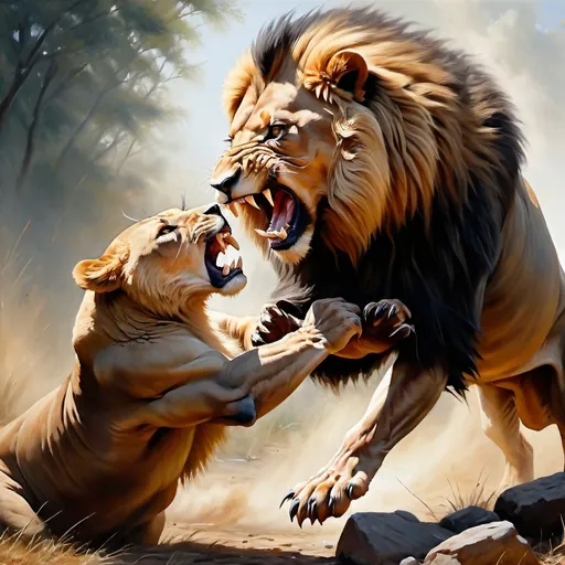 Prompt: Lion attacking a bear, realistic oil painting, intense battle scene, high quality, detailed fur and claws, dramatic lighting, realistic wildlife, intense struggle, natural tones, powerful predator, wildlife art, fierce animals, traditional art, dynamic composition, realistic, intense battle, oil painting, detailed fur and claws, dramatic lighting