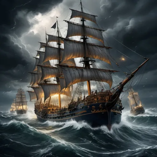Prompt: Highly detailed digital painting of a majestic armada sailing on stormy seas, dramatic lighting illuminating the fleet, intricate details of the ships, turbulent waves crashing against the vessels, dark and brooding atmosphere, high-quality, digital painting, stormy seas, dramatic lighting, intricate ships, turbulent waves, majestic armada, brooding atmosphere
