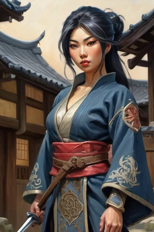 Prompt: Beautiful Japanese woman as medieval assasin, cartoony style, extremely detailed painting by Greg Rutkowski and by Henry Justice Ford and by Steve Henderson