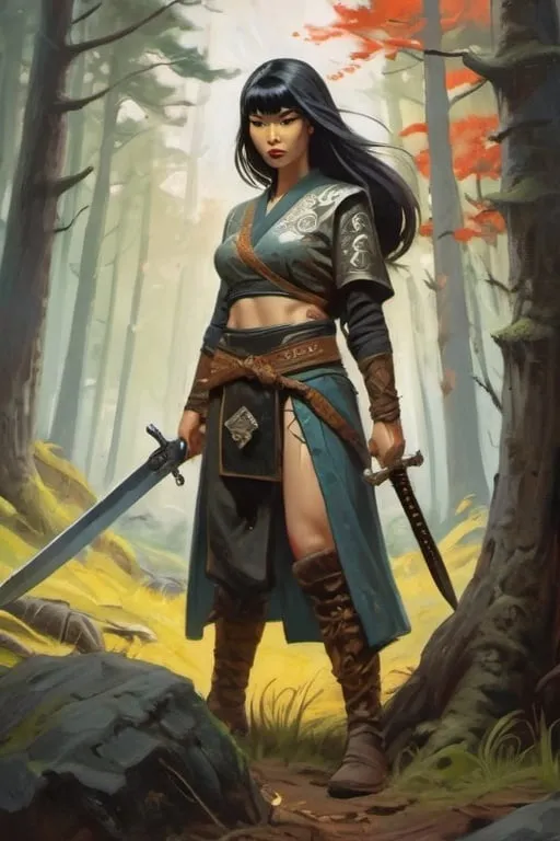 Prompt: Beautiful Japanese assasin woman with dagger, killing viking in the forest, cartoony style, extremely detailed painting by Greg Rutkowski and by Henry Justice Ford and by Steve Henderson