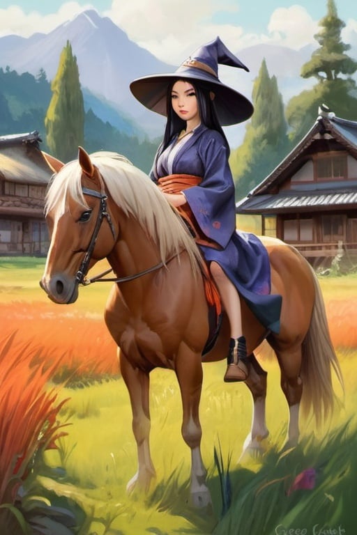 Prompt: Beautiful Japanese medieval witch with horse, meadow, medieval japanse village, cartoony style, extremely detailed painting by Greg Rutkowski and by Henry Justice Ford and by Steve Henderson