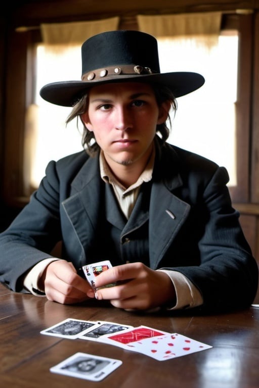 Prompt: take a photo of real billy the kid, playing cards in saloon, masterpiece, realistic photo, the photo should look like it was taken in the 21st century, wild west