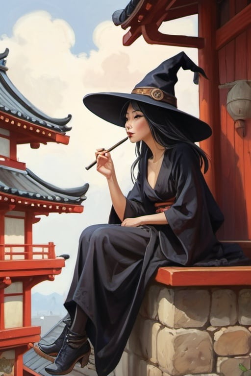 Prompt: Beautiful Japanese medieval witch, wearing witch hat, sitting on the wall in medieval japanse city, smoking pipe, cartoony style, extremely detailed painting by Greg Rutkowski and by Henry Justice Ford and by Steve Henderson
