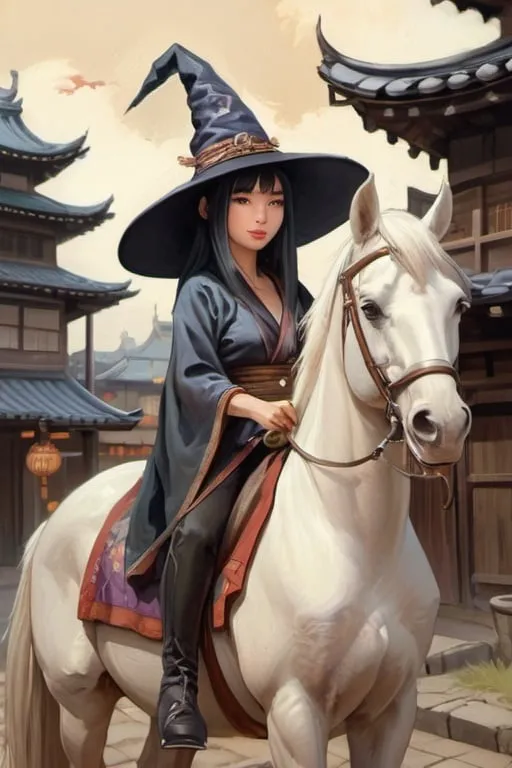 Prompt: Beautiful Japanese medieval witch, wearing witch hat, sitting on the horse in medieval japanse city, cartoony style, extremely detailed painting by Greg Rutkowski and by Henry Justice Ford and by Steve Henderson
