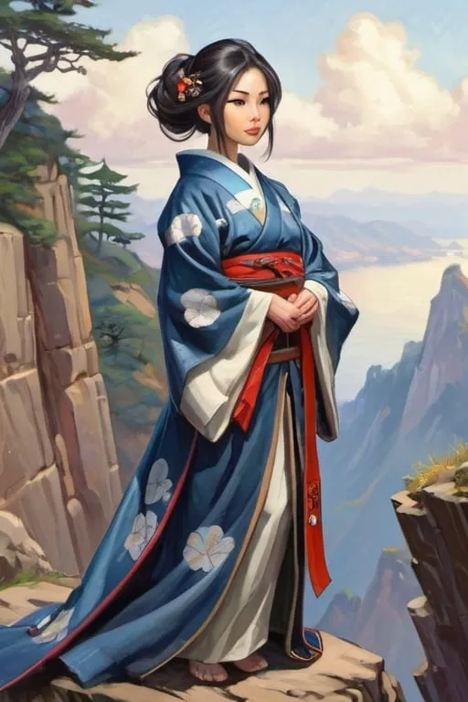 Prompt: Beautiful Japanese medieval woman, cute, stands on a cliff, cartoony style, extremely detailed painting by Greg Rutkowski and by Henry Justice Ford and by Steve Henderson