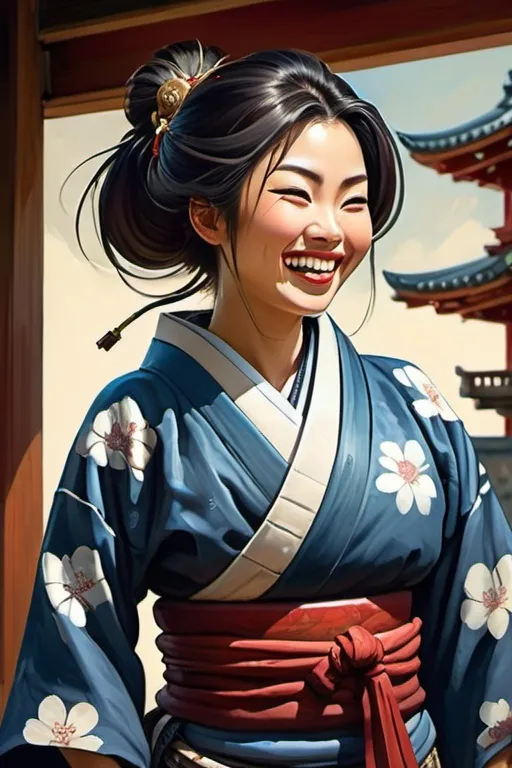 Prompt: Beautiful Japanese medieval woman, facing samurai, they laughing, cartoony style, extremely detailed painting by Greg Rutkowski and by Henry Justice Ford and by Steve Henderson