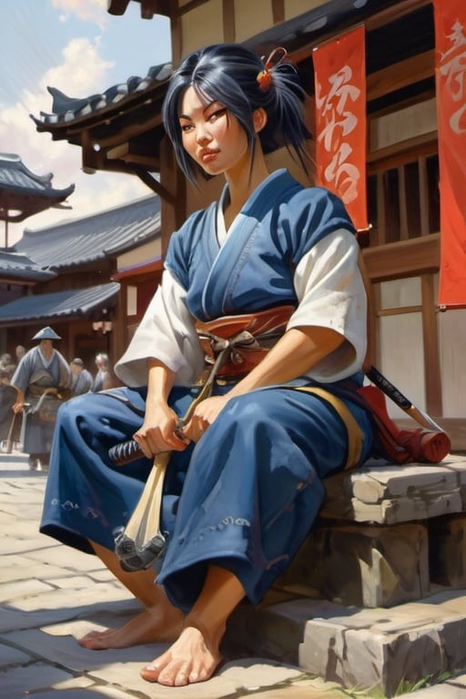 Prompt: Beautiful Japanese warrior woman, sitting in medieval japanse city full of people, cleans the katana, cartoony style, extremely detailed painting by Greg Rutkowski and by Henry Justice Ford and by Steve Henderson