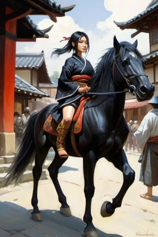 Prompt: Beautiful Japanese assasin woman,on black horse, in medieval japanse city full of people, cartoony style, extremely detailed painting by Greg Rutkowski and by Henry Justice Ford and by Steve Henderson