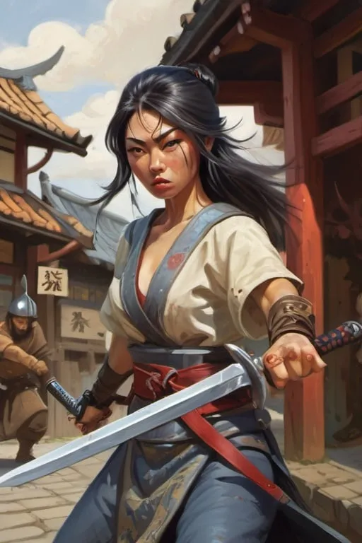 Prompt: Beautiful Japanese assasin woman with dagger, fights viking in medieval japanse city, cartoony style, extremely detailed painting by Greg Rutkowski and by Henry Justice Ford and by Steve Henderson