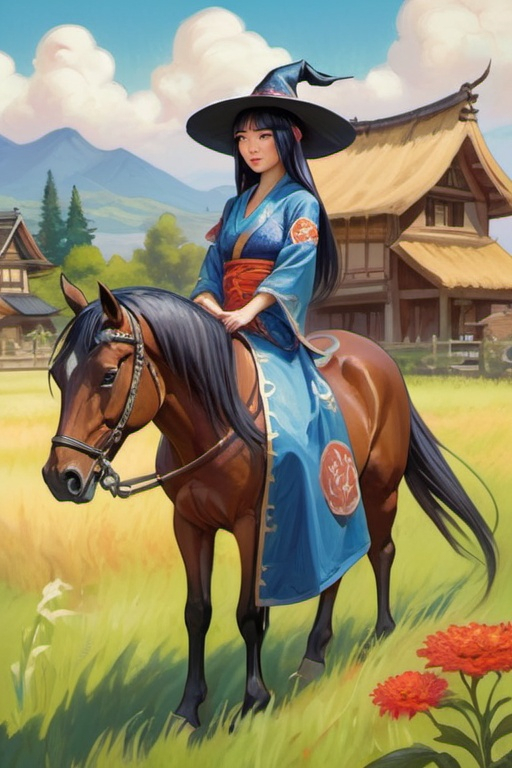 Prompt: Beautiful Japanese medieval witch with horse, meadow, medieval japanse village, cartoony style, extremely detailed painting by Greg Rutkowski and by Henry Justice Ford and by Steve Henderson