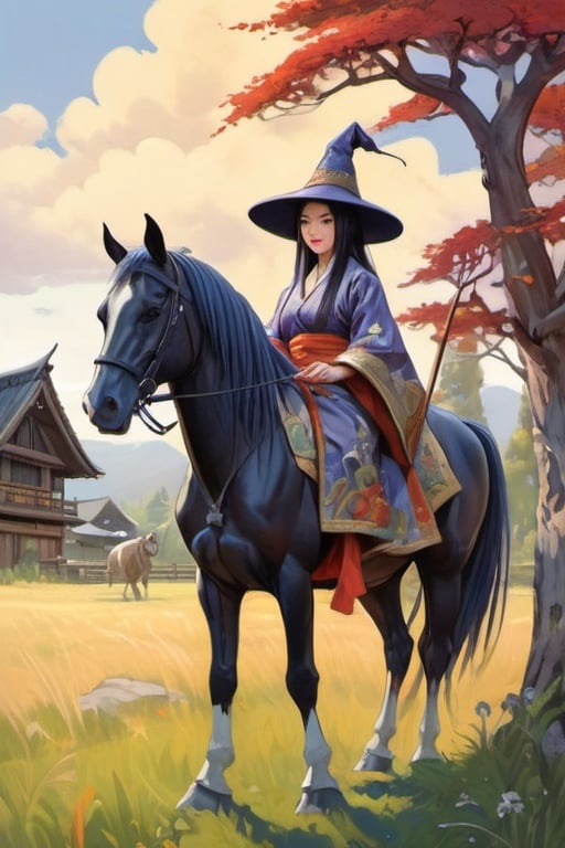 Prompt: Beautiful Japanese medieval witch with horse, meadow, medieval japanse village, cartoony style, extremely detailed painting by Greg Rutkowski and by Henry Justice Ford and by Steve Henderson