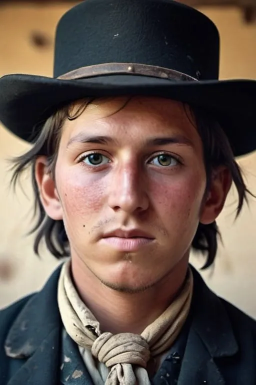 Prompt: take a photo of billy the kid's real face, masterpiece, realistic photo, the photo should look like it was taken in the 21st century, wild west Town 