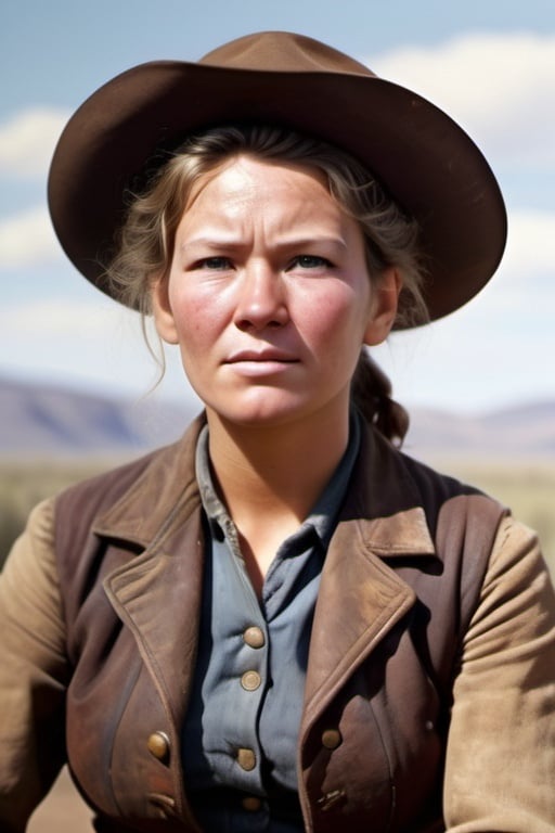 Prompt: take a photo of Calamity Jane real face, masterpiece, realistic photo, the photo should look like it was taken in 21st century, wild west 