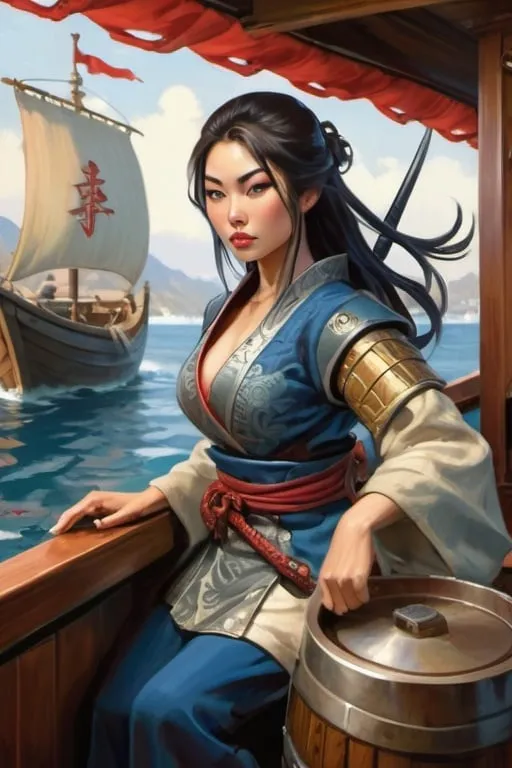 Prompt: Beautiful Japanese woman as medieval assasin, on galley, cartoony style, extremely detailed painting by Greg Rutkowski and by Henry Justice Ford and by Steve Henderson